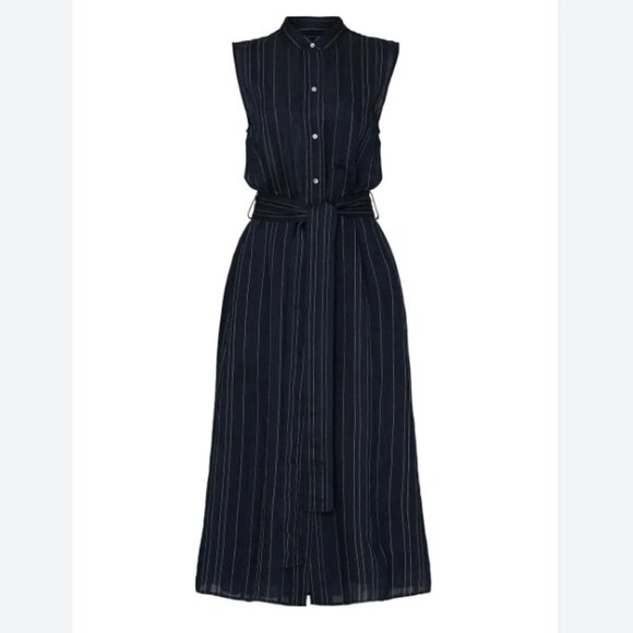 NWT Vince Drapey Stripe Shirt Dress Coastal Navy White Button Up Waist Tie Small - Picture 5 of 10